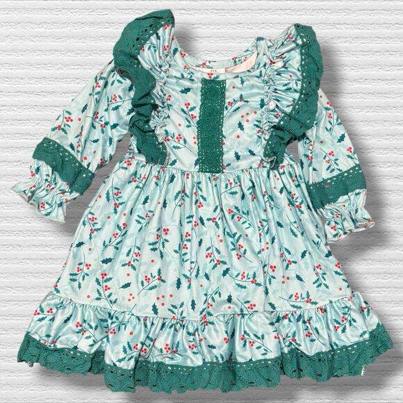 Girls Christmas Holly Print Ruffle Dress 2T Green Red Holiday Long Sleeve - Picture 1 of 6